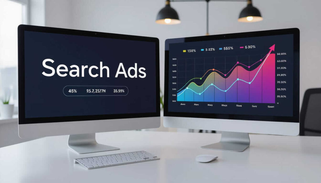 Dual monitors on a desk: one shows search ads analytics with percentage metrics, the other displays a multi-colored line graph with an upward trend. Office setting with keyboard, mouse, and ambient hanging lights.
