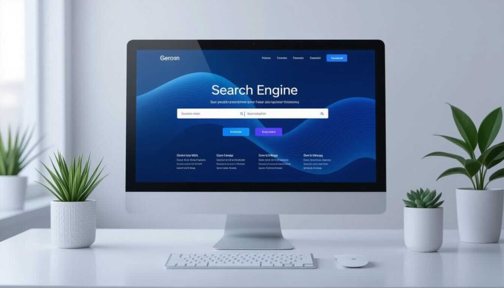 A modern iMac on a white desk displays a sleek "Search Engine" homepage with a blue wave design, flanked by small potted plants.