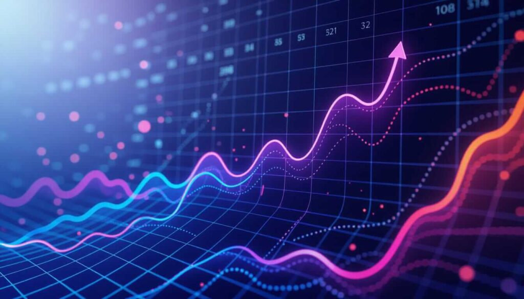 Abstract digital graph with glowing blue, pink, and orange lines flowing across a dark grid background. A bright pink upward arrow highlights growth amid scattered data points.