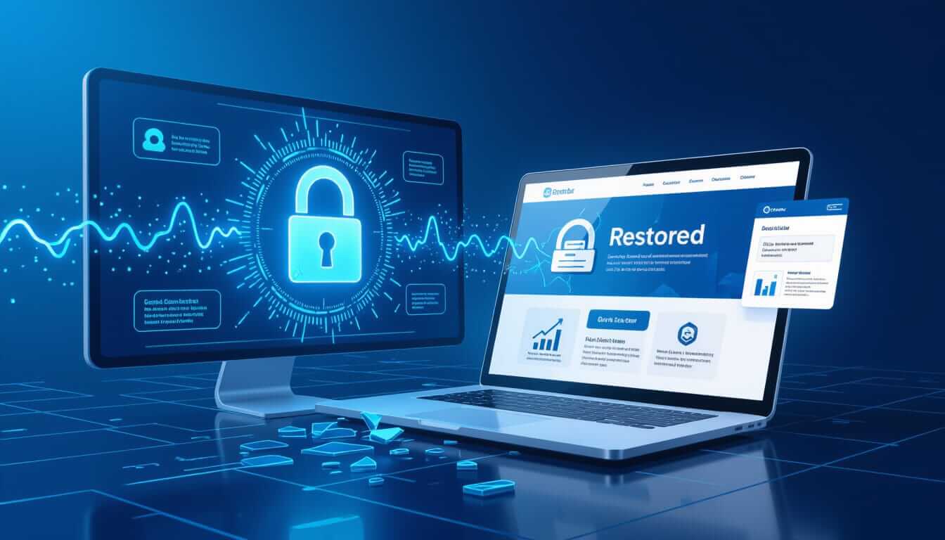 Two digital screens displaying cybersecurity elements. Left screen shows a glowing blue padlock icon with data visualizations, while the right laptop screen features a "Restored" confirmation on a website interface, set against a futuristic blue grid background with floating geometric shapes.