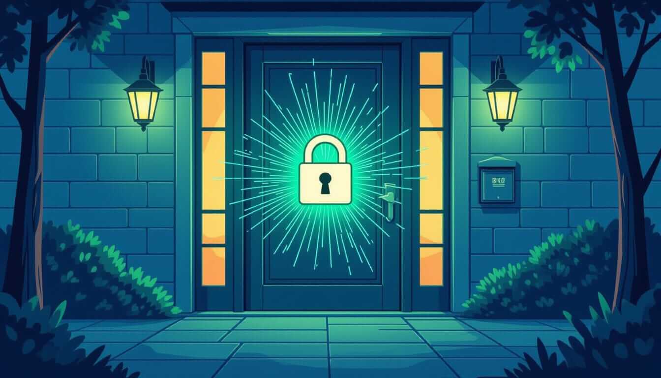 A front door at night glows with a radiant lock symbol, flanked by lanterns and trees — illustrating home or digital security, safety, and access control in a welcoming yet protected environment.