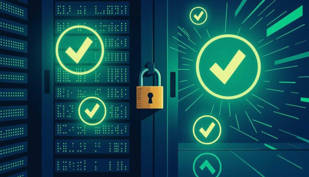 Two server cabinet doors, one closed with a golden padlock, the other open to reveal glowing green checkmarks inside and bursting outward. Large illuminated checkmarks float around the scene, emphasizing successful verification, security, and system integrity.