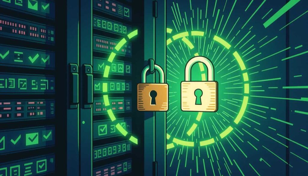An illustration of two server rack doors secured with large padlocks — one gold, one glowing yellow-green. Behind the right door, a radiant green circular burst emits light rays. The left server rack glows with green checkmarks and digital patterns, symbolizing secure, verified data systems.