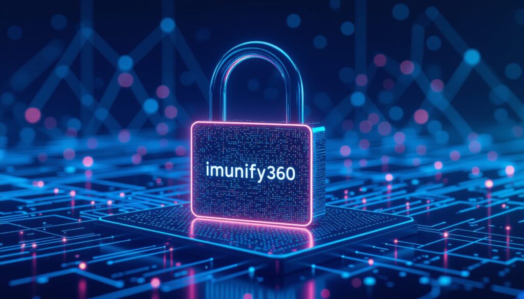 A neon-lit padlock displaying "imunify360" glows with pink and blue light, resting on a circuit board against a dark, abstract background of data streams.