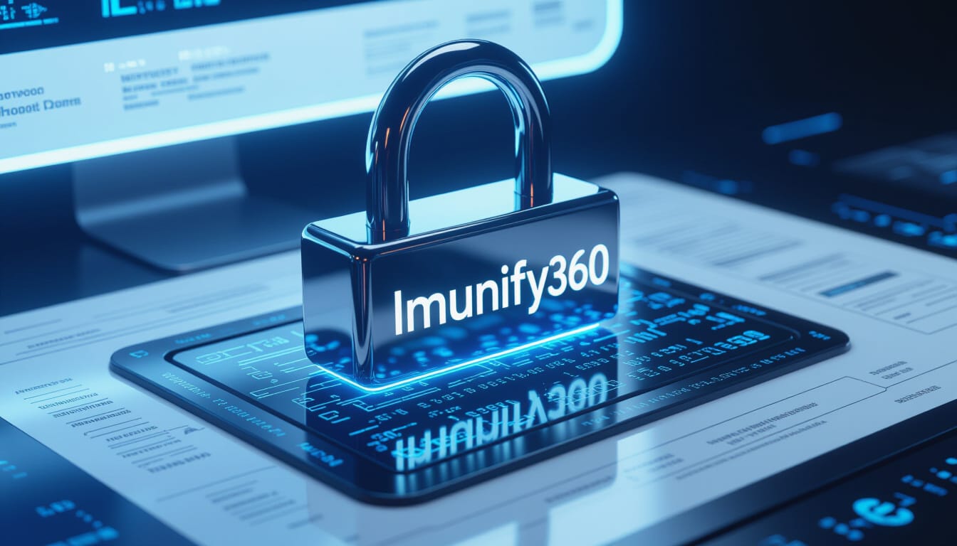 A glossy, metallic padlock with "Imunify360" engraved on it sits atop a glowing digital tablet, symbolizing security in a high-tech, blue-lit environment.