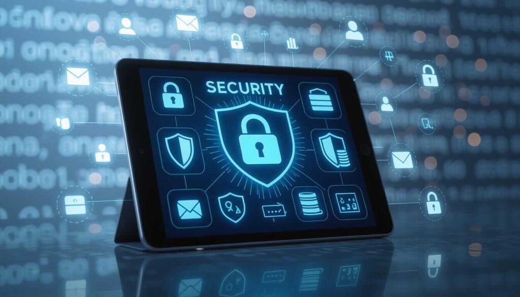 A tablet displaying a cybersecurity dashboard with the word "SECURITY" and a central shield icon containing a padlock. The screen shows various surrounding icons for databases, email, and user profiles in glowing blue. The background features a blurred digital network with floating icons and bokeh lights, illustrating concepts of data protection and network safety.