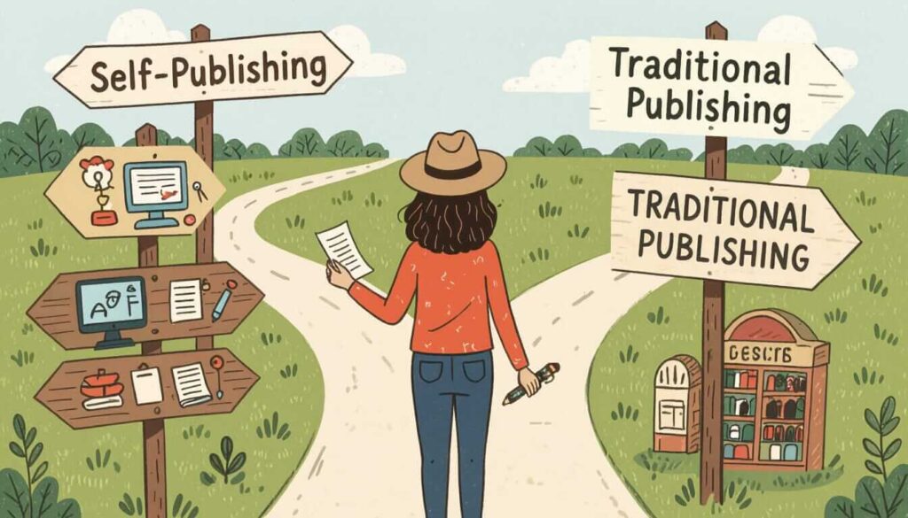 A person stands at a crossroads, choosing between Self-Publishing and Traditional Publishing paths.