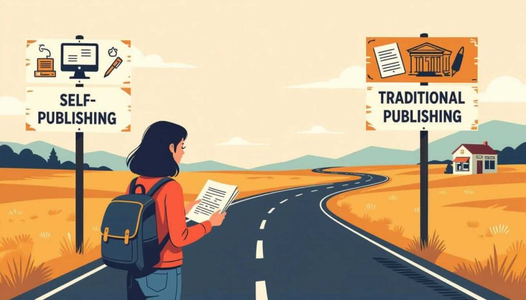 A traveler with a backpack stands at a fork in the road, deciding between "Self-Publishing" and "Traditional Publishing."