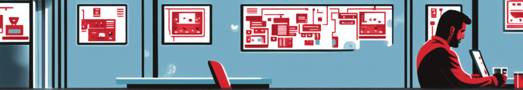 An illustration of a man sitting on the right side, facing down looking at a device, while pictures of technical machinery are in red and white on a light blue wall, and a lone red chair sits alone in the middle