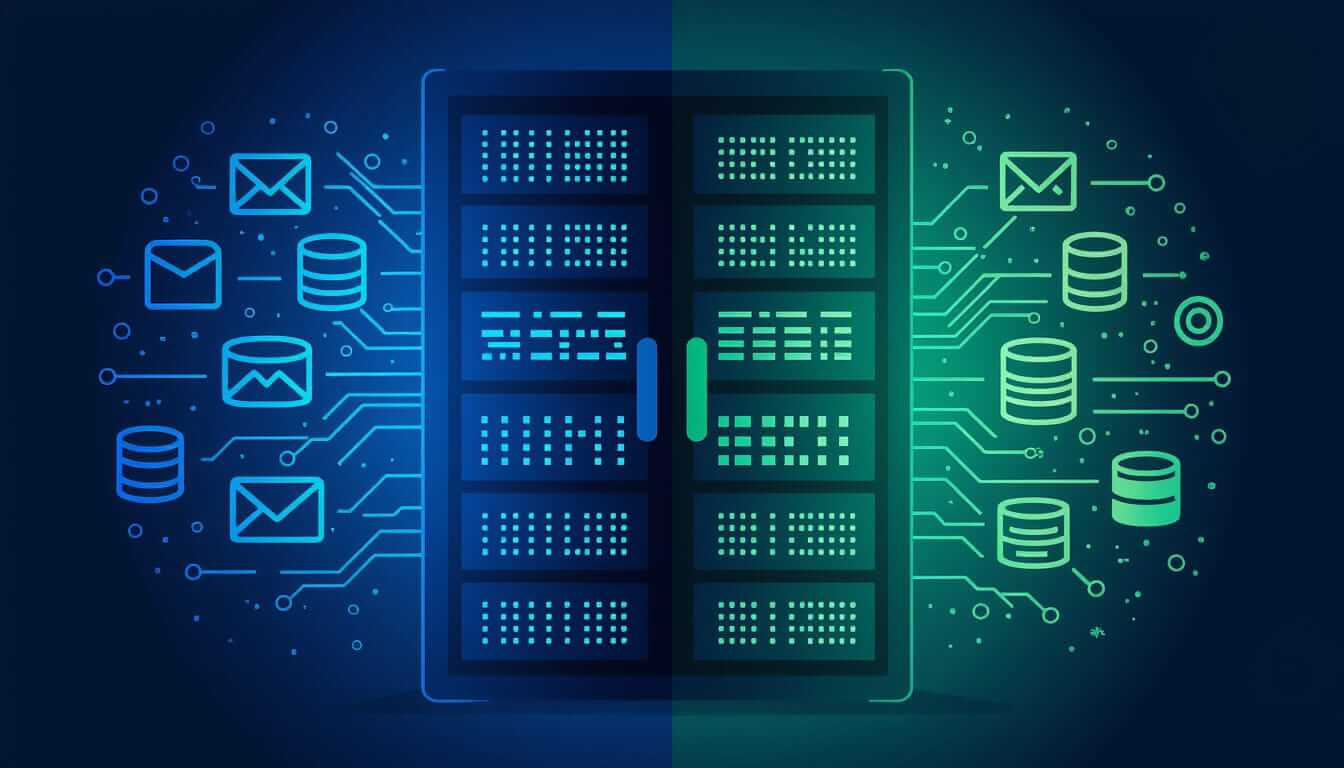 A stylized server rack surrounded by database icons, email symbols, and glowing network connections, illustrating interconnected websites, databases, and digital infrastructure.