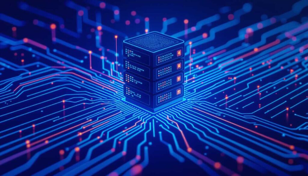 A stylized server rack at the center of a glowing digital network, with circuit-like connections radiating outward to represent data flow and modern computing infrastructure.