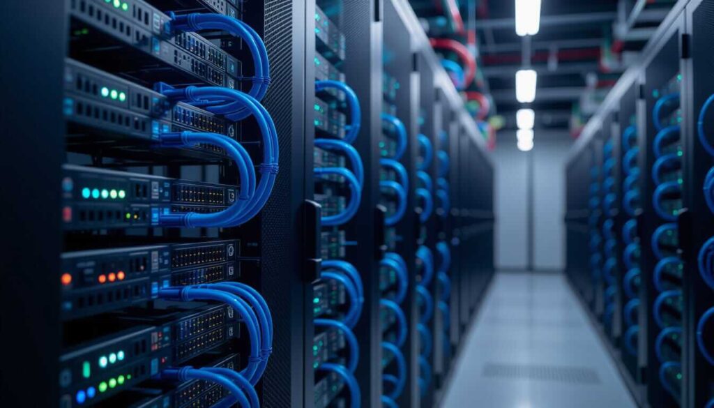 Rows of black server racks in a data center, connected by bright blue cables. Green and red status lights glow on the equipment, stretching down a long, coolly lit aisle.