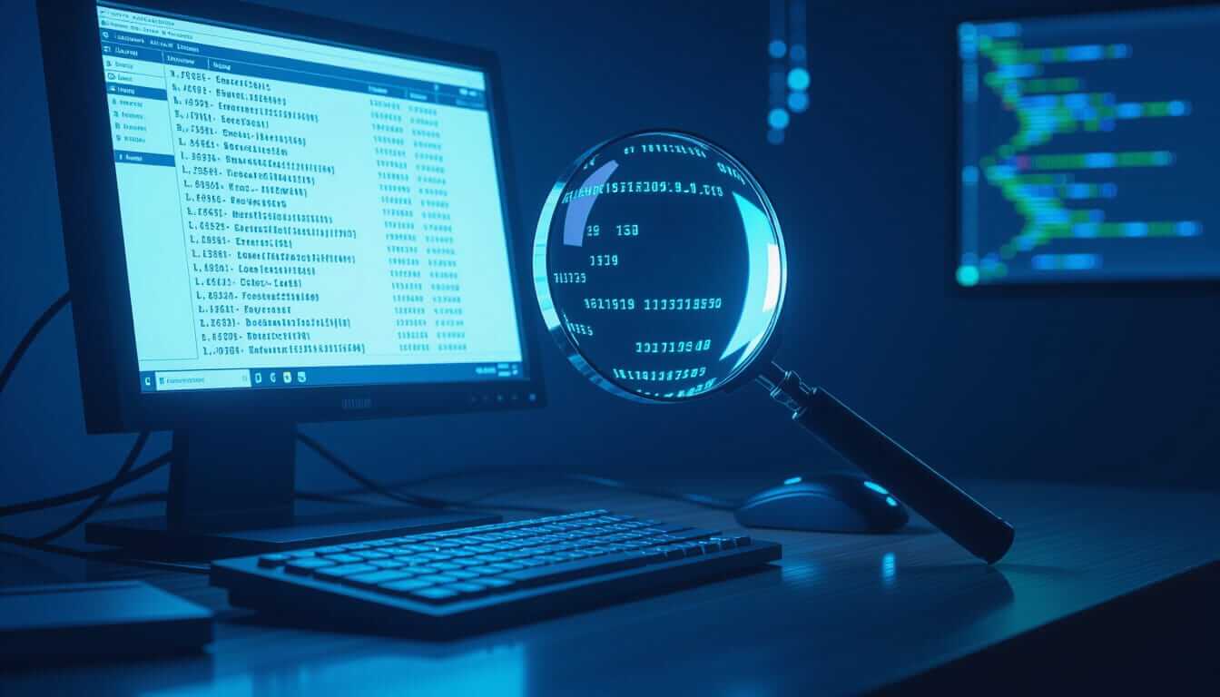 A computer workstation displaying lines of code on a monitor with blue ambient lighting. A magnifying glass hovers in the foreground showing floating digital numbers and data, symbolizing code analysis, debugging, or cybersecurity monitoring in a dark technology environment.