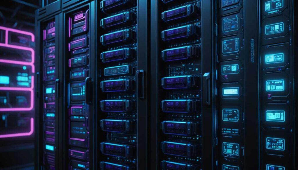 A server room with rows of black server racks illuminated by colorful neon lights, showcasing a modern, high-tech data center.