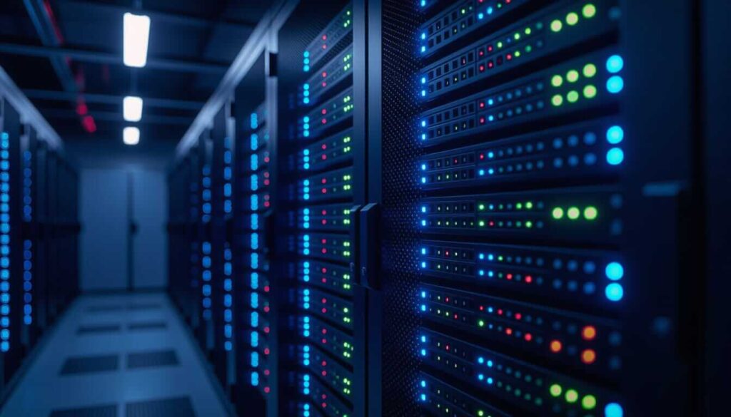 A close-up perspective of server racks in a data center, showing rows of blinking blue, green, yellow, and red LED status lights on black hardware, illustrating active network infrastructure and data storage.