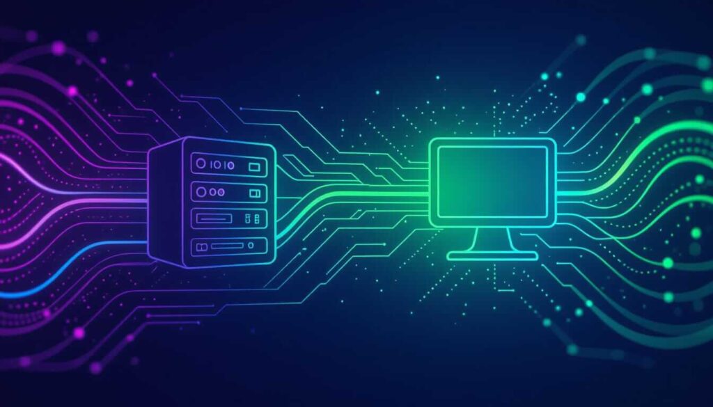 Neon-outlined server rack connected to a desktop computer monitor via flowing circuit board pathways with gradient colors transitioning from purple and pink to green and cyan, with data particles streaming between devices on a dark blue background, illustrating network connectivity and data transfer