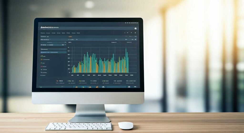 "A computer monitor on a wooden desk displaying a colorful analytics dashboard with bar graphs and data visualizations.