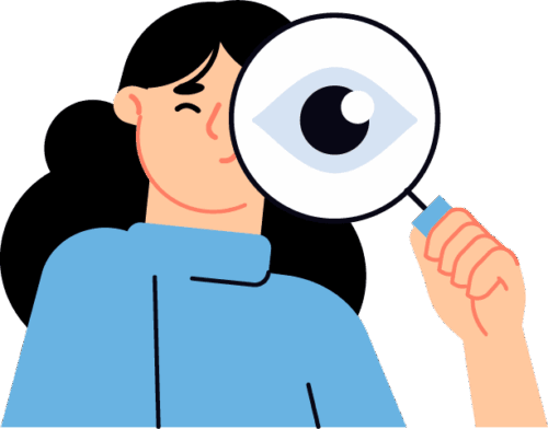 A cartoon illustration shows a person holding a magnifying glass with an eye inside it, symbolizing careful observation or detailed analysis. The individual appears focused and attentive, emphasizing the importance of thorough examination in tasks such as SEO research or content evaluation. This image conveys the idea of scrutinizing details to uncover insights or improve performance.