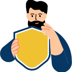 A man with a beard wearing a blue shirt holding a golden shield depicting website security