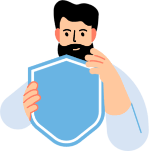 A man with a beard wearing a blue shirt holding a blue shield depicting website security