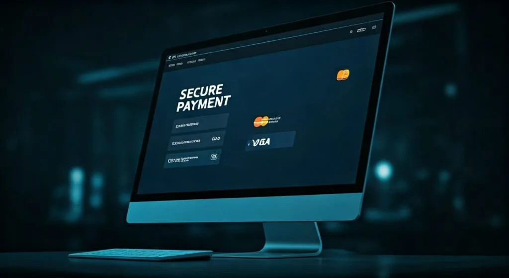 A sleek desktop monitor displays a “SECURE PAYMENT” checkout screen with fields for card number, expiration date, and CVV. Logos for Mastercard and Visa are shown as accepted payment options. The interface has a dark, modern design with glowing blue accents, set against a blurred tech-themed background, emphasizing online transaction safety.