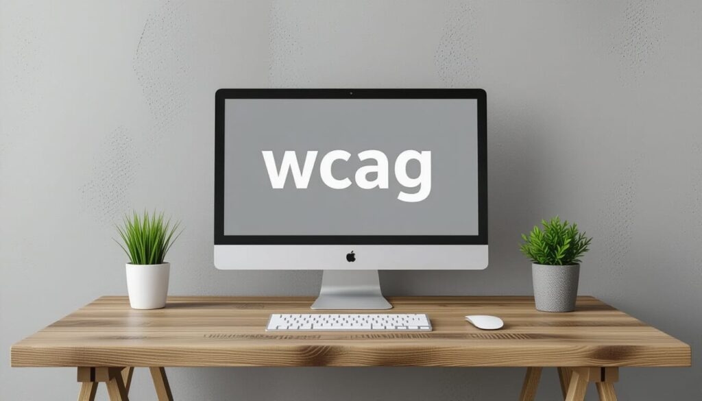 A computer on a wooden desk with a gray background, only the word "WCAG" appears on the screen in white.
