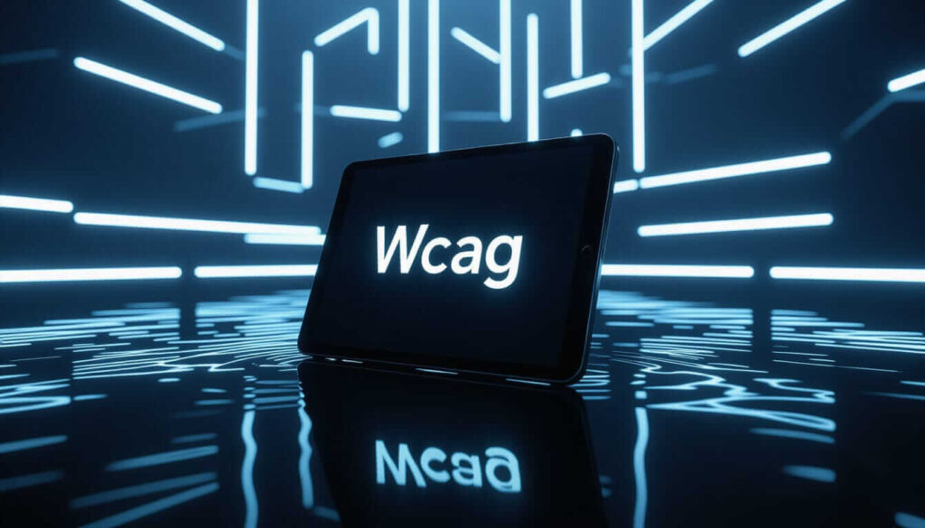 A tablet displaying "Wcag" in white text sits on a reflective surface, surrounded by glowing blue digital lines against a dark background.