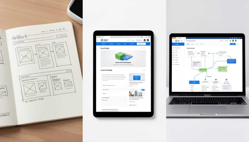 A multi-device design workflow display: a notebook with hand-sketched wireframes showing page layouts, a tablet displaying a cloud storage platform interface with a green cube logo and dashboard elements, and a laptop showing a user flow diagram with connected blue and green process boxes.