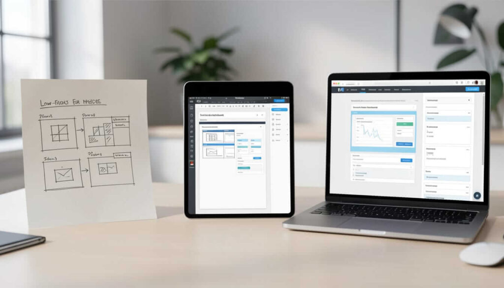 A modern workspace showing the UI design progression: a hand-drawn wireframe sketch on paper displaying grid layouts, a tablet showing a digital wireframe mockup, and a laptop displaying a polished interface with charts, forms, and blue-accented UI elements.