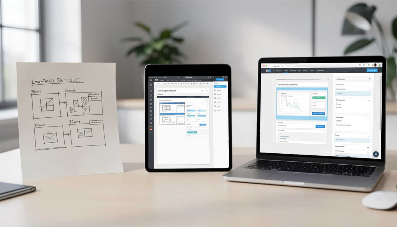 A modern workspace showing the UI design progression: a hand-drawn wireframe sketch on paper displaying grid layouts, a tablet showing a digital wireframe mockup, and a laptop displaying a polished interface with charts, forms, and blue-accented UI elements.