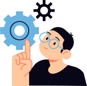 Man with glasses pointing up at gears, representing website hosting configuration.