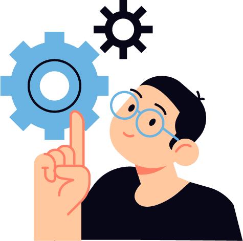 Man with glasses pointing up at gears, representing website hosting configuration.