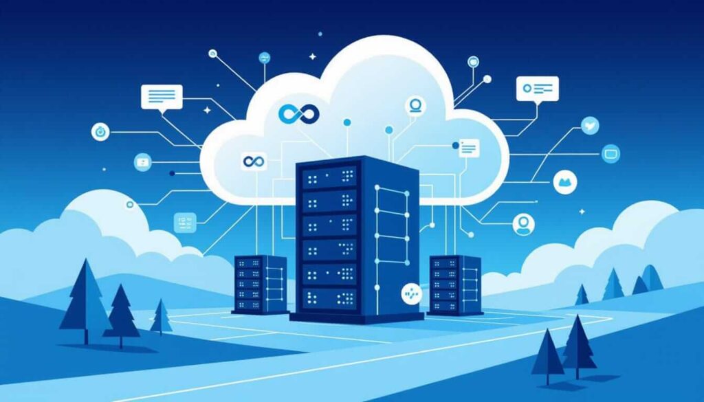 A large white cloud hovers over three blue server racks in a landscape, connected by lines to icons for messages, users, and settings.