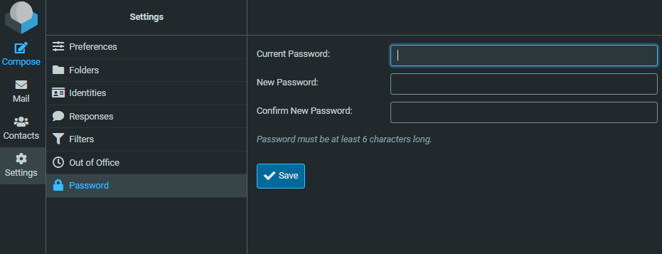 Password change form in app settings with fields for current, new, and confirm passwords.