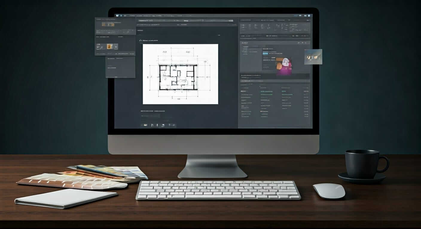 A desktop computer dominates a wooden desk, displaying architectural plans. The monitor is surrounded by various windows, hinting at complex design software in use. A white keyboard and mouse are on the desk in front of the monitor, as well as design tools, papers, and a cup of coffee.