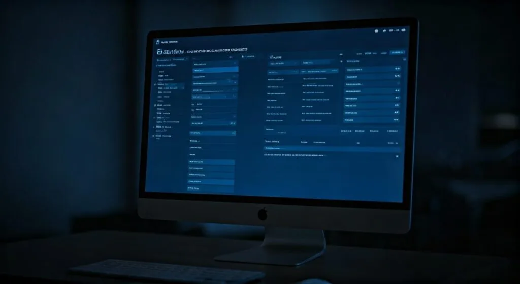 An illustration of a mac computer screen in a dark room, on a desk with keyboard and mouse, on the screen is Direct Admin control panel which includes awstats