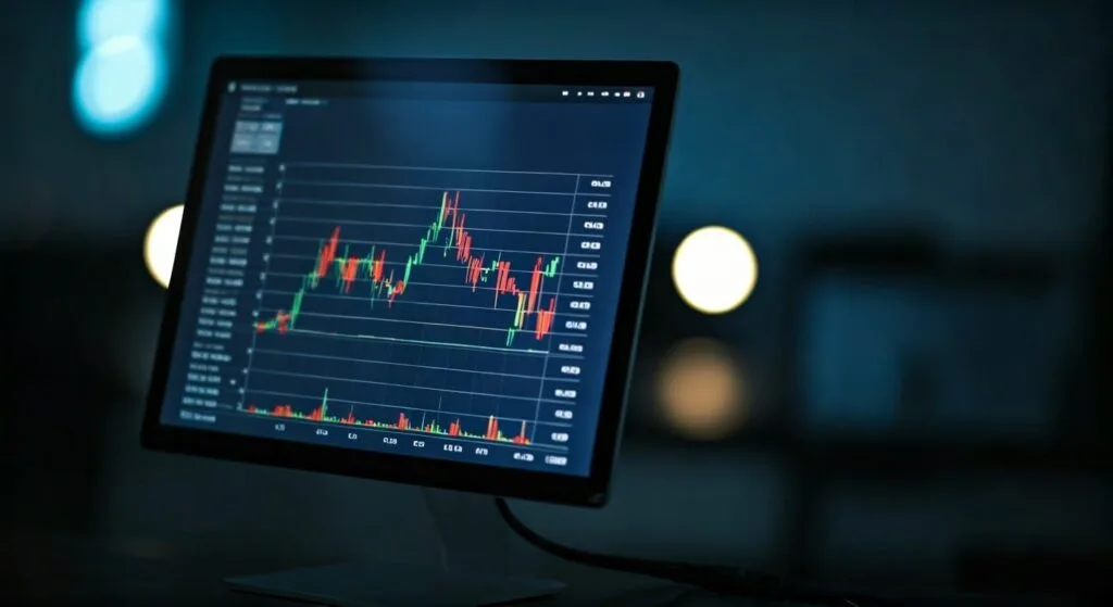 An illustration of a computer monitor in a dark room with a background of blurry single lights, on the screen is stats similar to a investment banking market graph