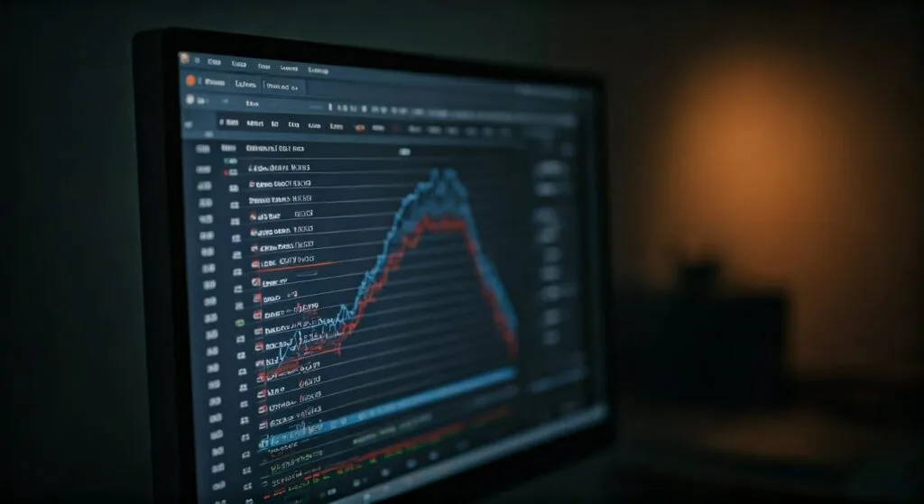 An illustration of a computer monitor in a dark room with one single light in the background, on the screen is stats similar to a investment banking market graph on a website depicting awstats