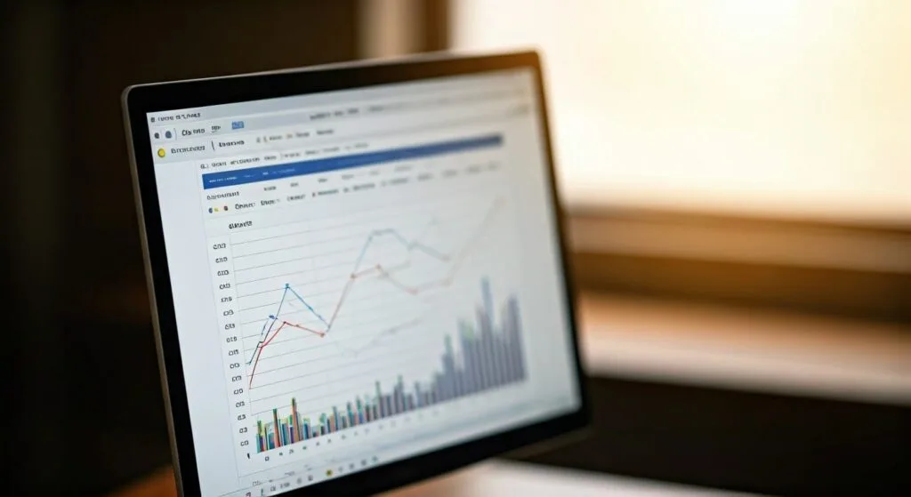 A bright light shines through a window, a window sill underneath, in the foreground is a computer monitor brightly displaying website stats similar to Google Analytics tracking website visitors