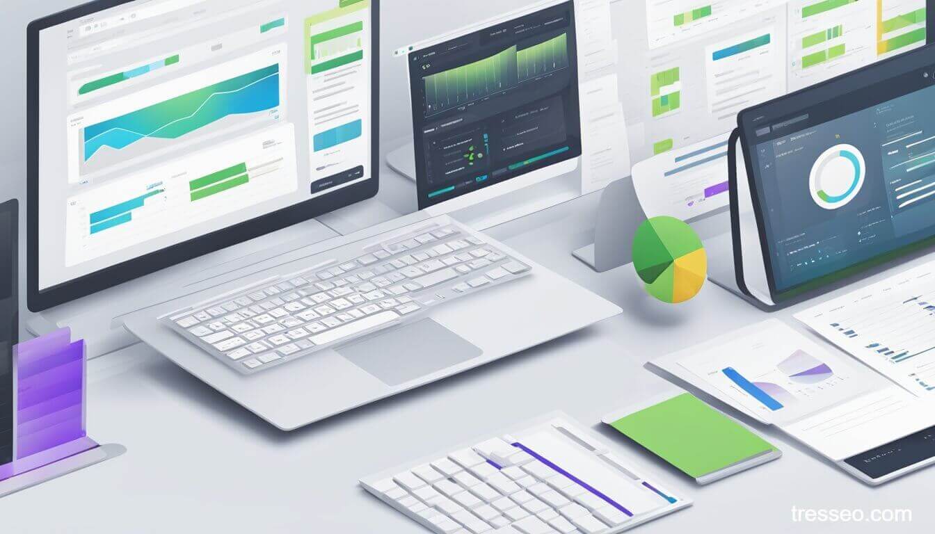 An illustration of several computers and devices on a desk