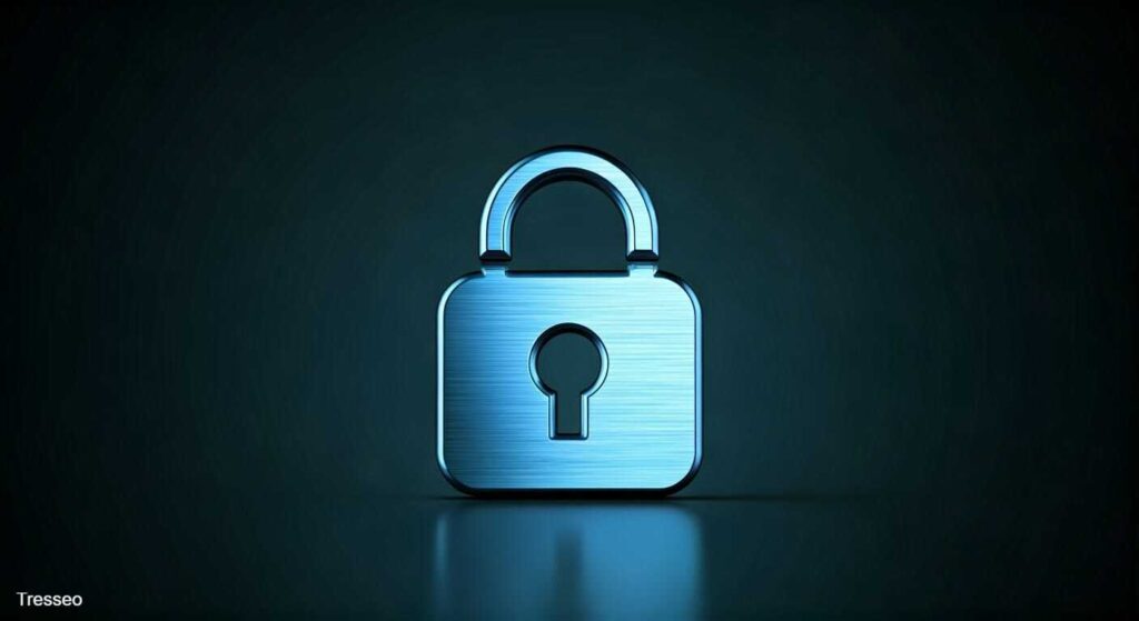 A metallic, 3D rendered padlock in a slightly reflective setting. The image is meant to evoke concepts of security, encryption, and digital protection.