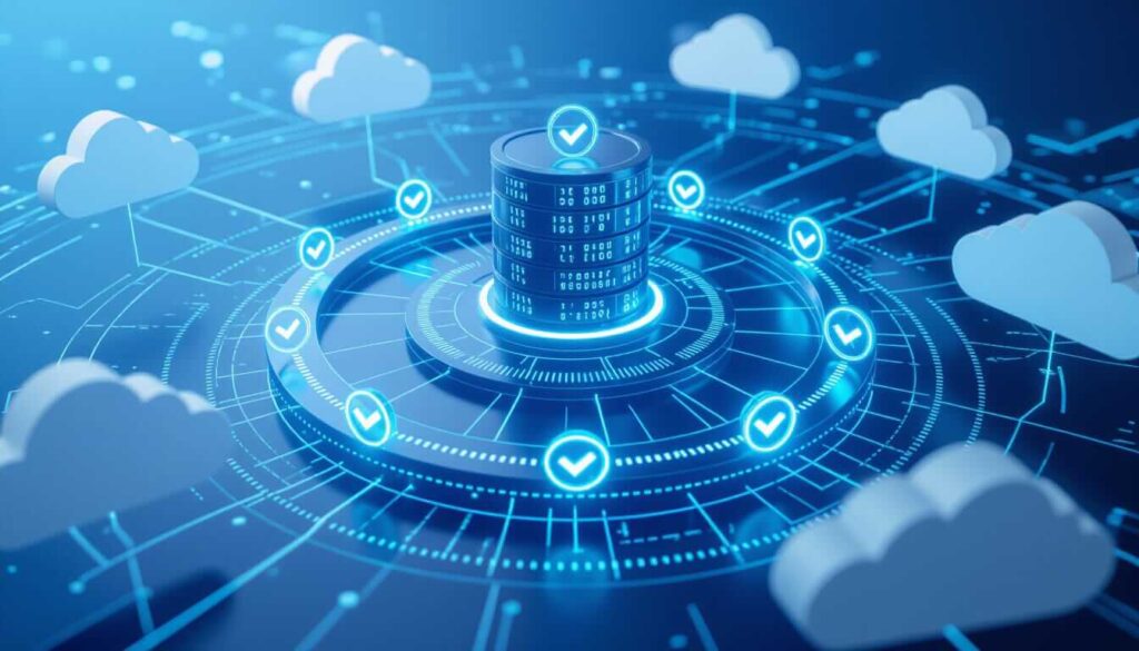 Central stack of digital data blocks surrounded by glowing checkmark icons in a circular interface. White cloud graphics float around the system, representing cloud-based verification and secure data processing in a blue-toned tech environment.