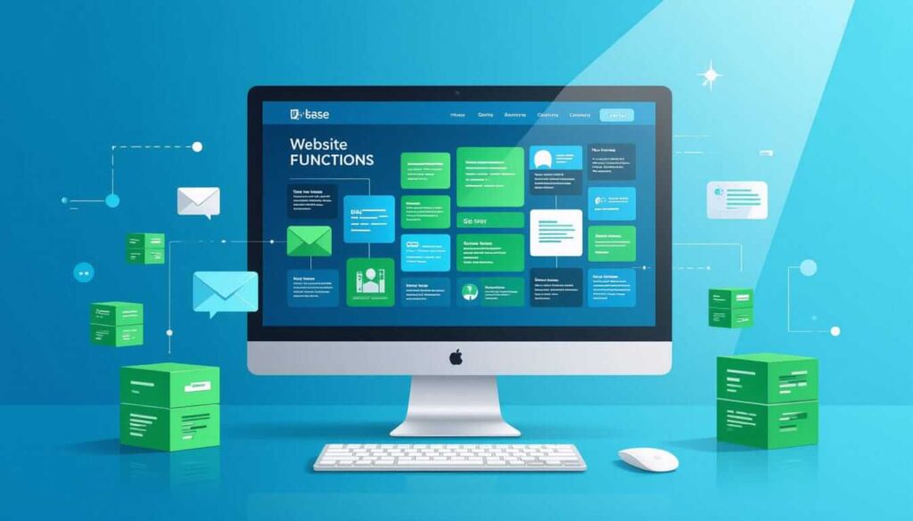 An iMac displays a "Website FUNCTIONS" dashboard with green and blue boxes, surrounded by floating mail and data box icons against a bright blue backdrop.