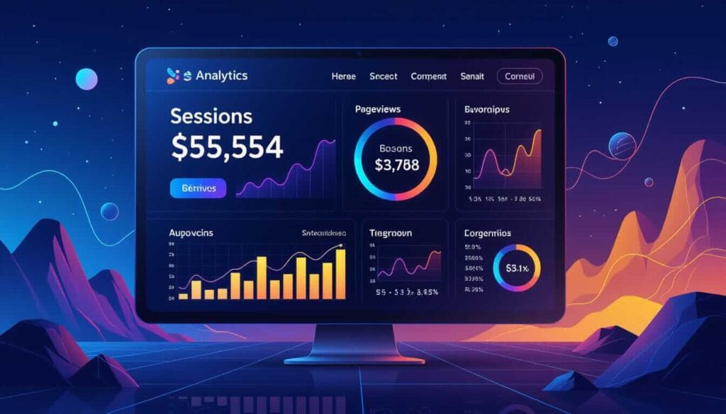 A glowing analytics dashboard on a monitor displays metrics like sessions, pageviews, and conversions with colorful charts and graphs, set against a futuristic cosmic landscape — illustrating data-driven performance insights.