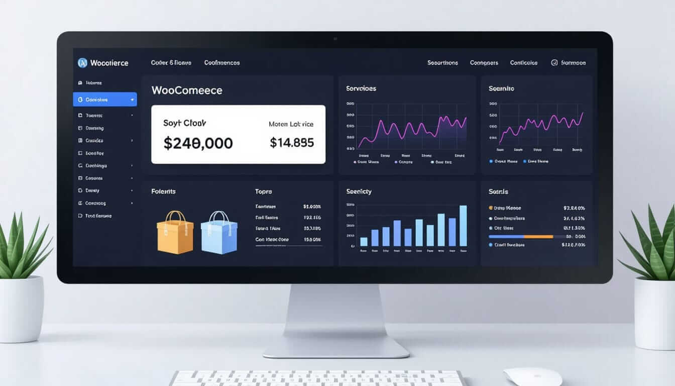 A modern desktop monitor displays a dark-mode WooCommerce analytics dashboard. Key metrics show “Soyt Cloak: $240,000” and “Moten Lok vice: $14,855.” The screen includes graphs for “Servicios,” “Scamito,” “Soenicty,” and “Soarls,” along with shopping bag icons labeled “Folents” and “Toprs.” A sidebar menu lists navigation items like “Orders,” “Tours,” and “Customers.” The setup is styled with white desk, keyboard, mouse, and two small potted succulents.