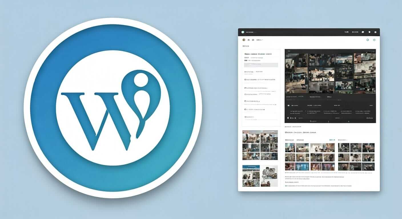 A blue background features the WordPress logo on the left, with a grid of images and text on the right side. The layout suggests a content management or media gallery interface, likely related to WordPress functionality.