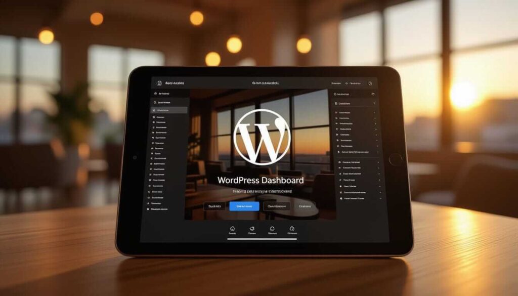 A tablet on a wooden table shows the WordPress Dashboard with a scenic sunset backdrop, highlighting its interface in a warm, modern setting.