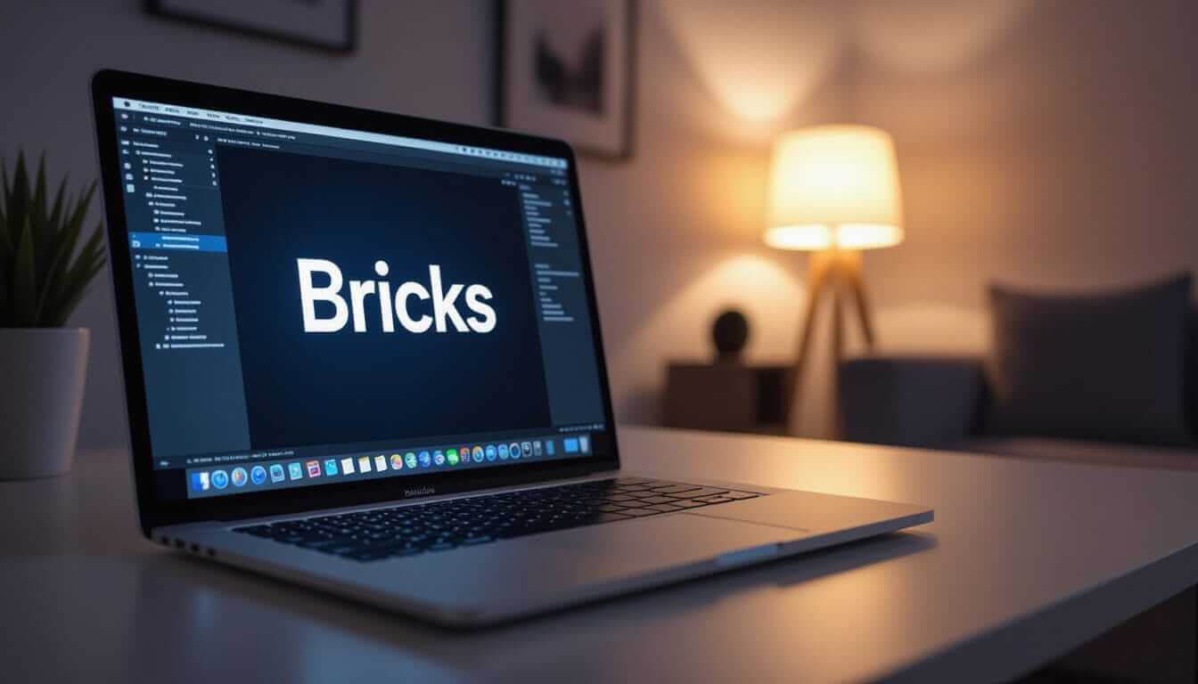 A laptop on a desk displays the "Bricks" logo in white text on a dark screen, with a warm lamp and plant in the softly lit background.