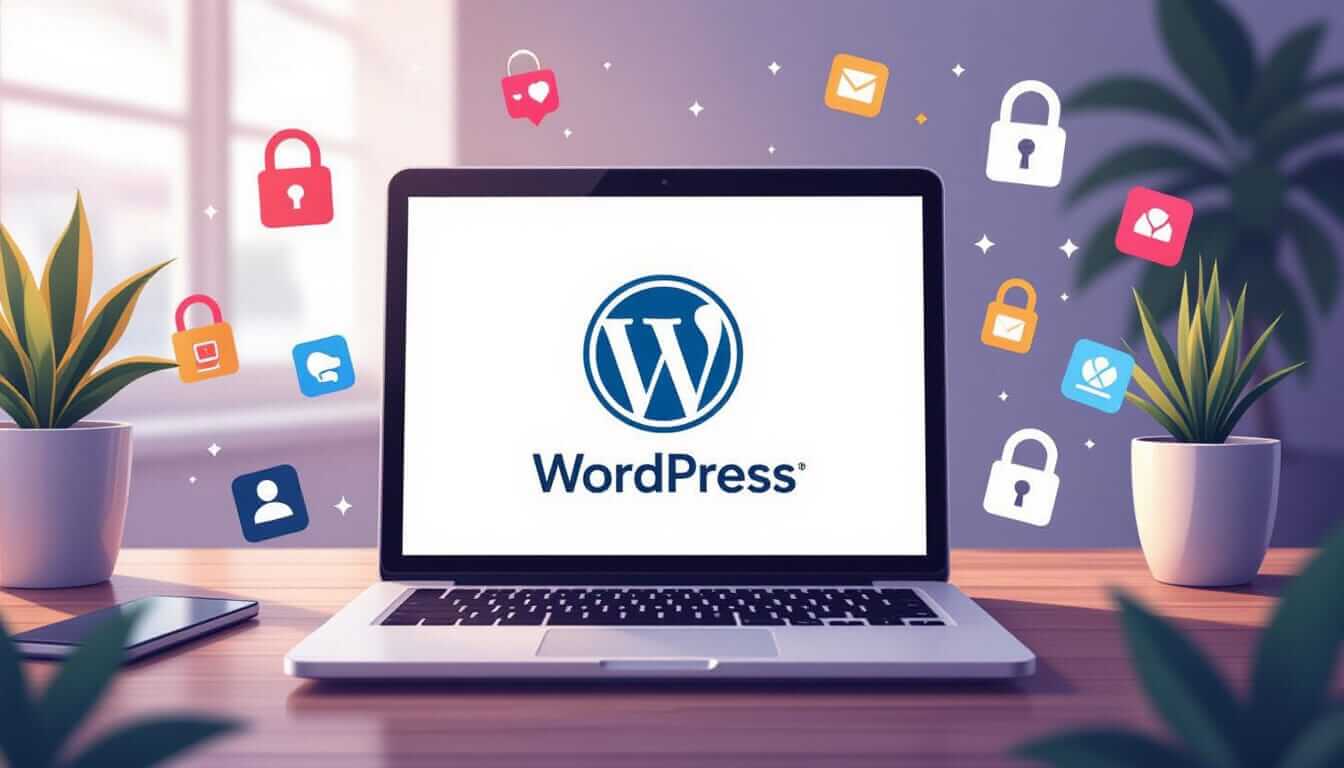 A laptop on a wooden desk displays the WordPress logo. Colorful icons for security, mail, and users float around it, suggesting features like protection and connectivity, with potted plants on either side.