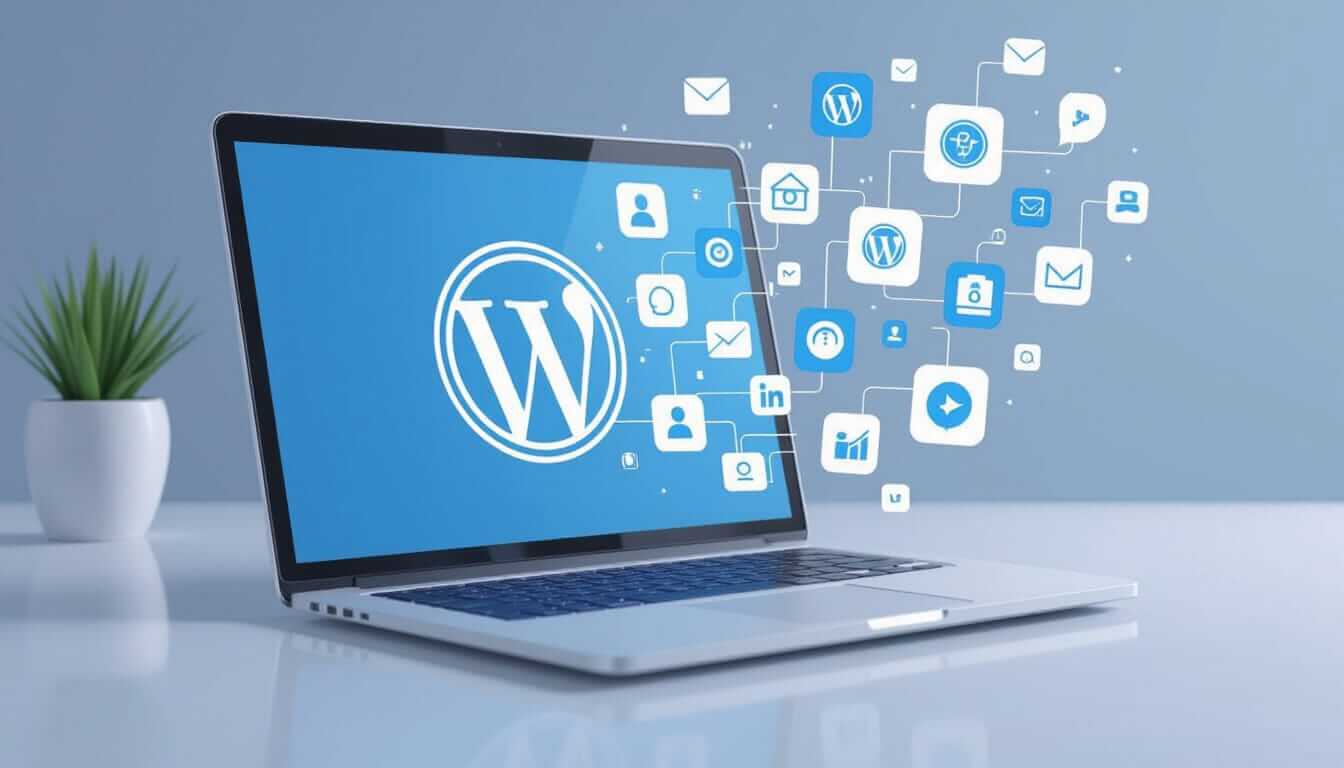 A laptop displays the WordPress logo on a blue screen, with icons for users, mail, and settings floating outwards, symbolizing its connected features. A small potted plant sits beside it on a white desk.